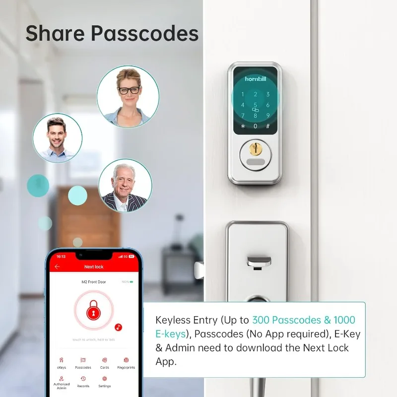 Wi-Fi & Bluetooth Smart Lock, Keyless Entry Smart Front Lock, Hornbill Touch Screen Keypads, App Control, Auto Lock
