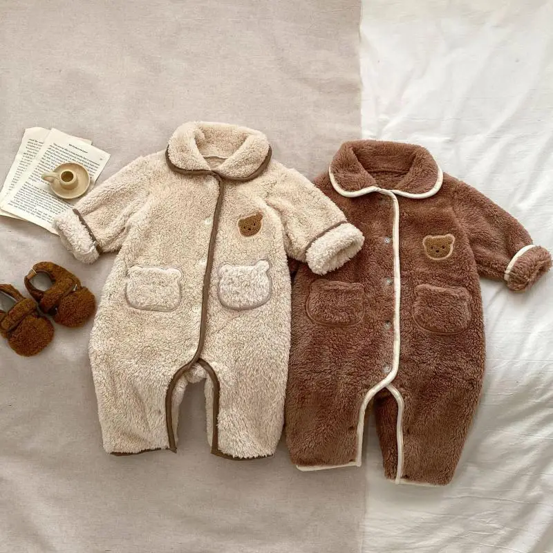 2024 Winter New Baby Long Sleeve Lapel Romper Newborn Cute Bear Pajamas Infant Boy Girl Plus Velvet Thick Warm Jumpsuit 0-24M