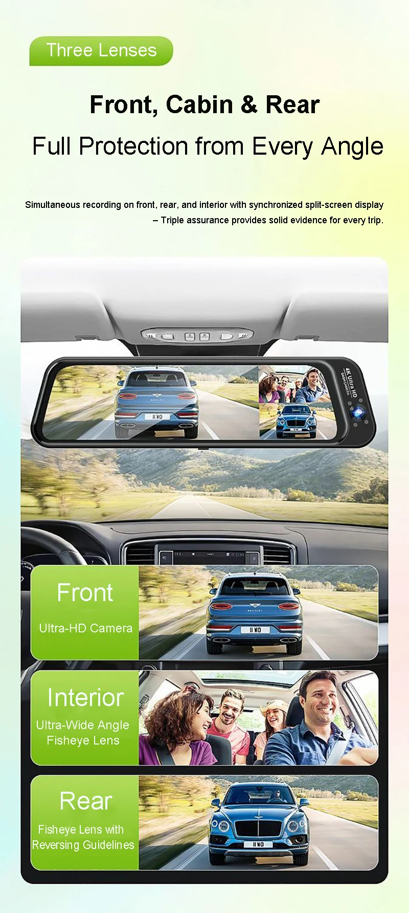 3-Linsen-Fisheye-Streaming-Dashcam 4K mit Volltouchscreen, App-Steuerung, 24-Stunden-Parkmodus, Bewegungsmelder, G-Sensor, Zeitraffer und Datenschutz-Aufnahme – Detail 4