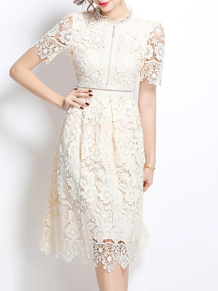 SMTHAM ฤดูร้อน Holiday Hollow Out ดอกไม้เย็บปักถักร้อยลูกไม้ชุดราตรีผู้หญิงแขนสั้น Midi ยาวพรรค Vestidos