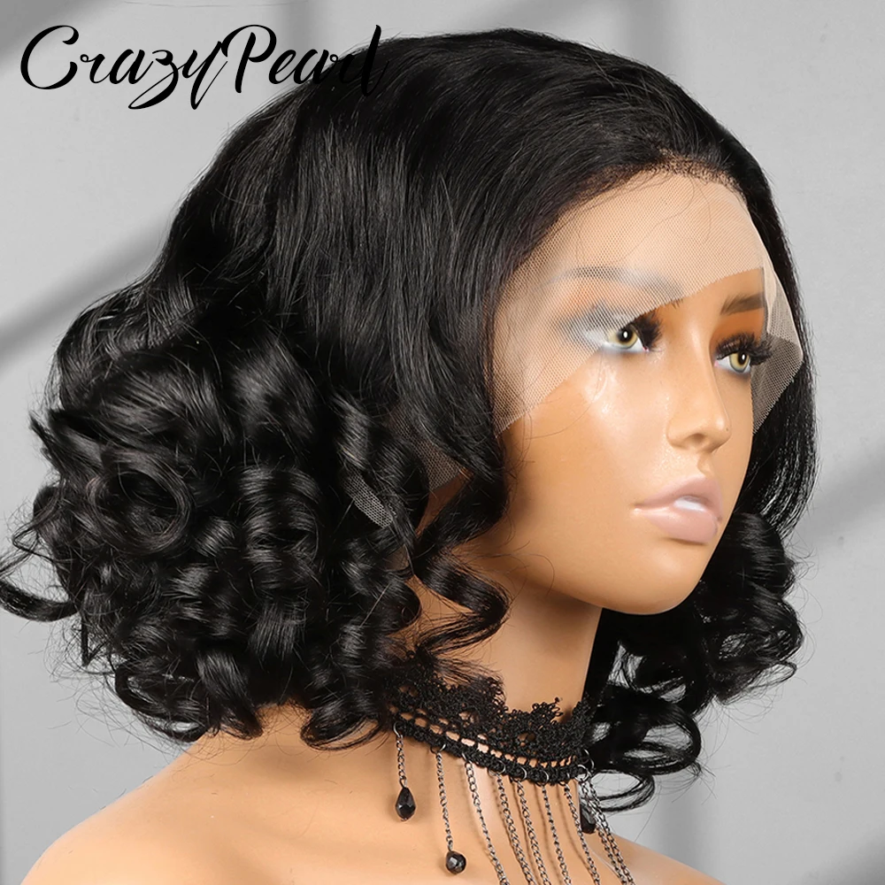 13X4 Lace Frontal Wig Human Hair Bob Wig Loose Wave Curly Remy Hair Short Bob Lace Wig For Women Natural Looking Pre Plucked