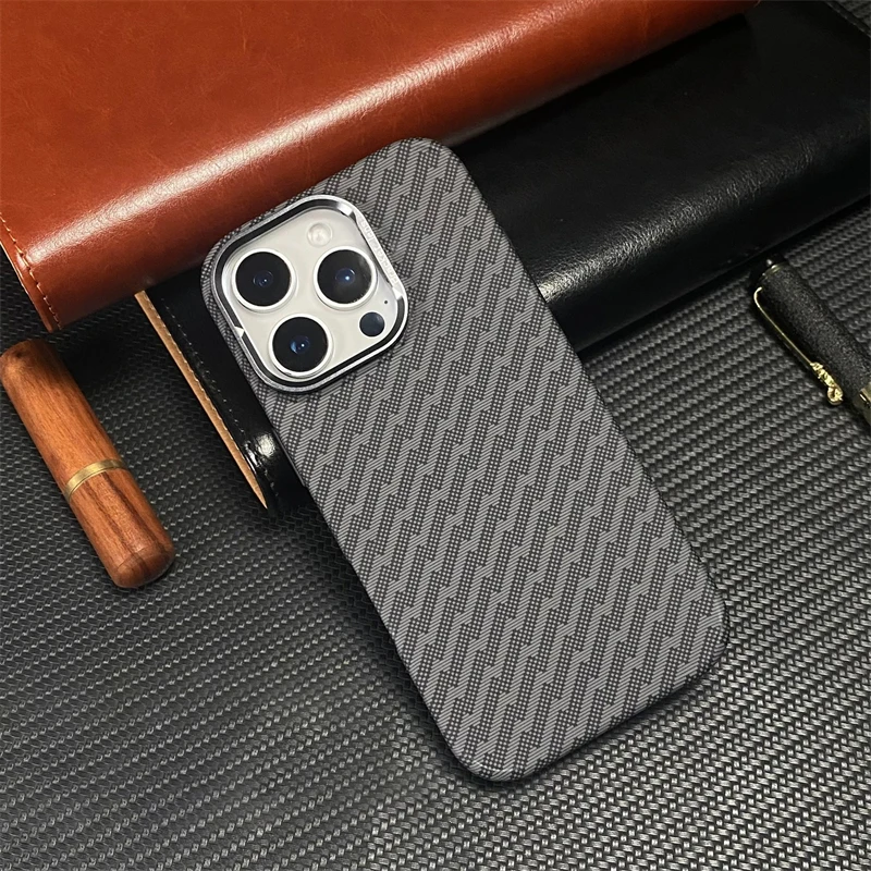 

Carbon Fiber Texture MagSafe Phone Case For iPhone 13 14 15 16 Pro Max Plus Wireless Charging Alloy Lens Holder Shockproof Cover