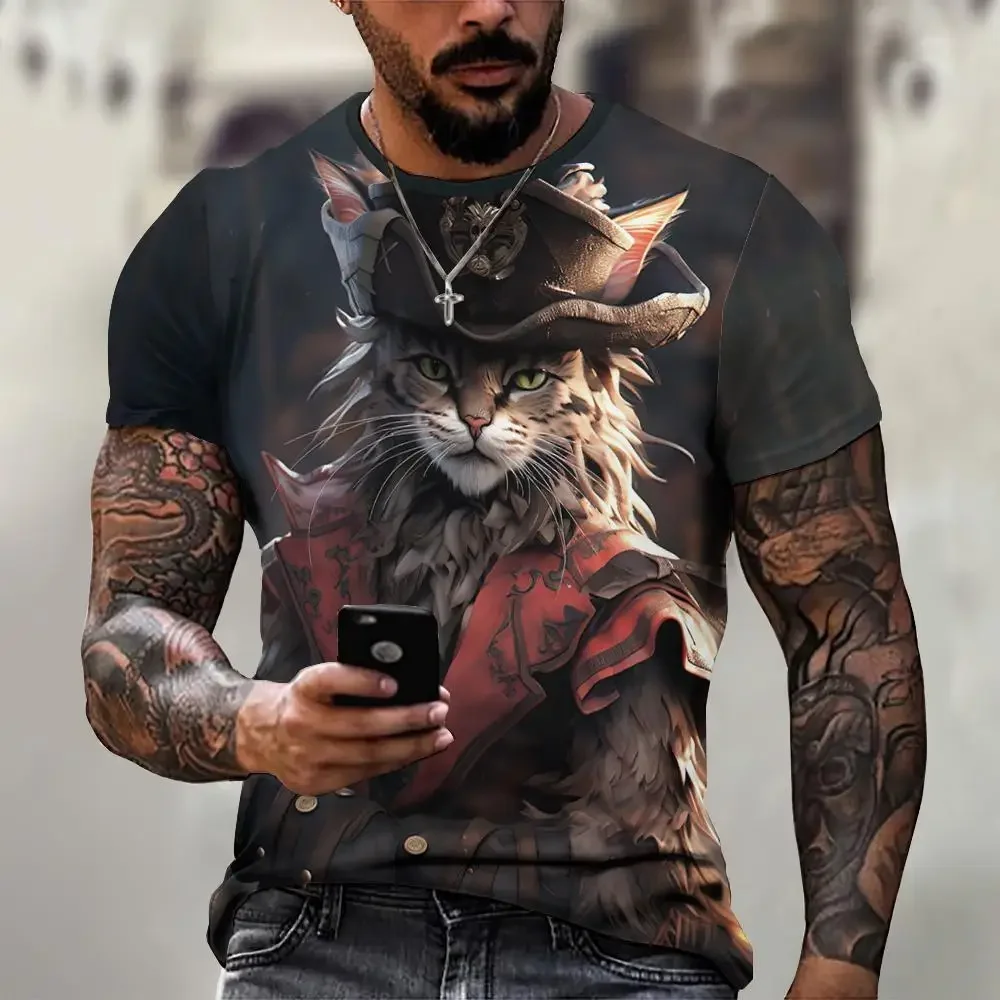 Pirate Cat Men's T-Shirt Fashion 3D Animal Print Men's Short Sleeve Loose Tees Streetwear Tops Casual Lightweight Men's Clothing