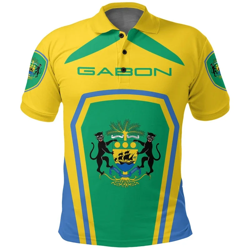 Africa Gabon Map Flag 3D Printed Polo Shirts For Men National Emblem Short Sleeve Patriotic Coat Of Arms POLO Shirt Jersey Tops