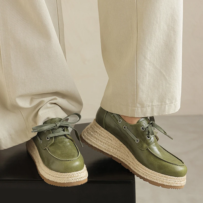 Korea Style Women's Espadrilles Shoes Lace Up Genuine Cow Leather Thick Bottom Platform Wedge Heels Casual Sneakers Flat Shoes