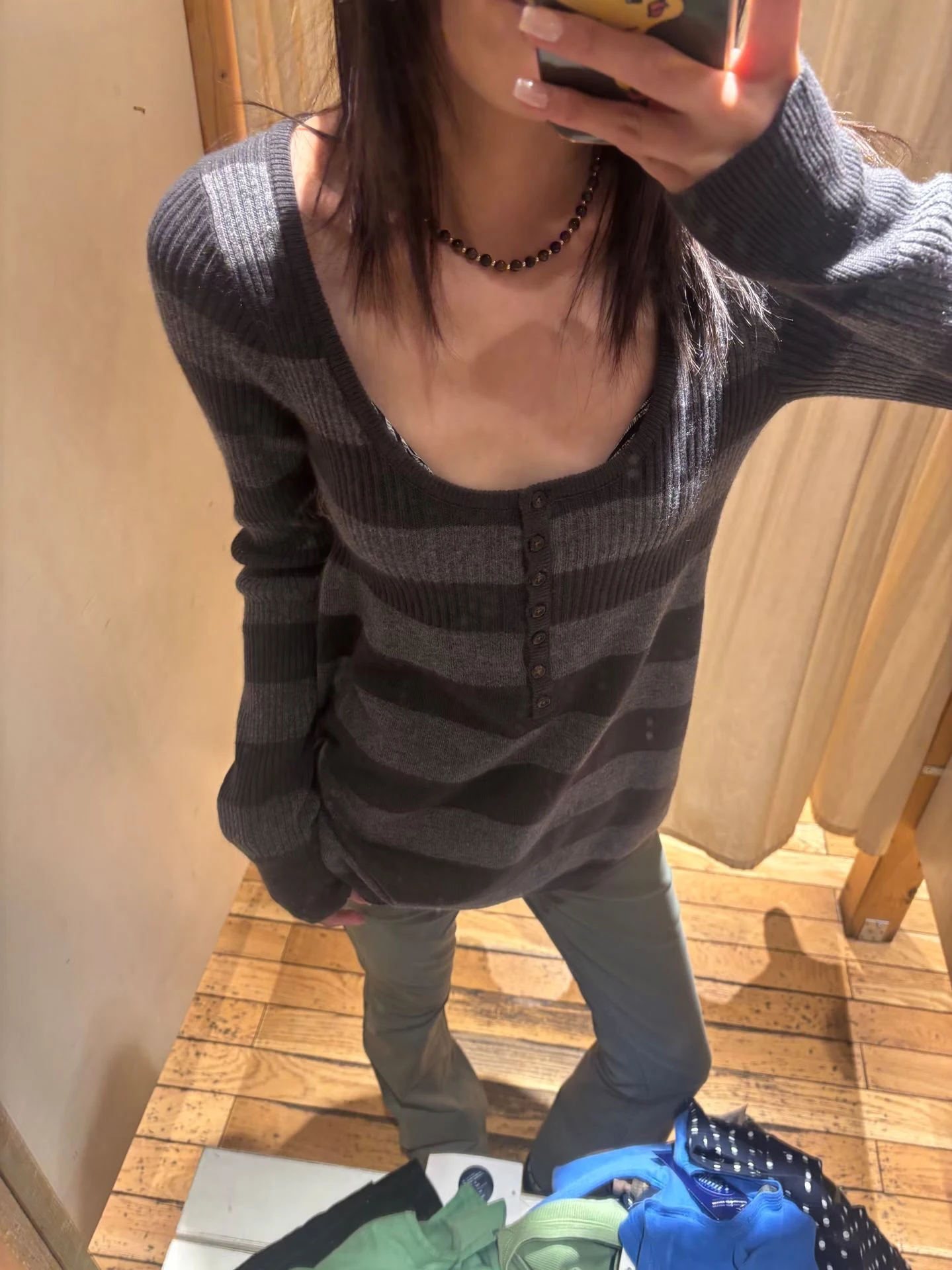 Striped Knitted Long Sleeve T-shirt Woman Spring Seven Buttons O-neck A-line Cotton Tees Vintage Streetwear Long Knitwear Tops