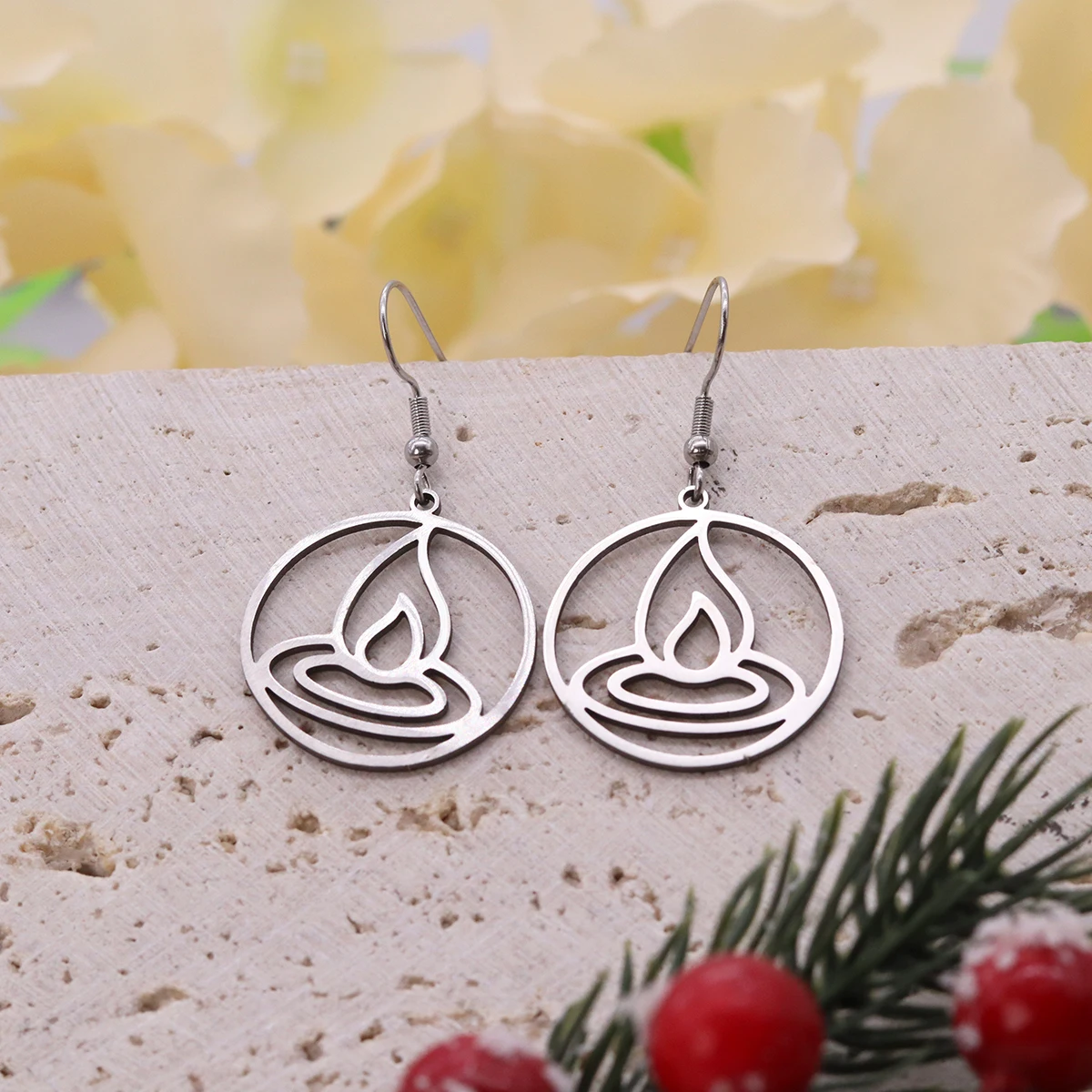 Kinitial Stainless Steel Round Candle Flame Dangle Earrings Fire Drop Ear Jewelry For Women Handmade Fashion Ear Ornament Gift