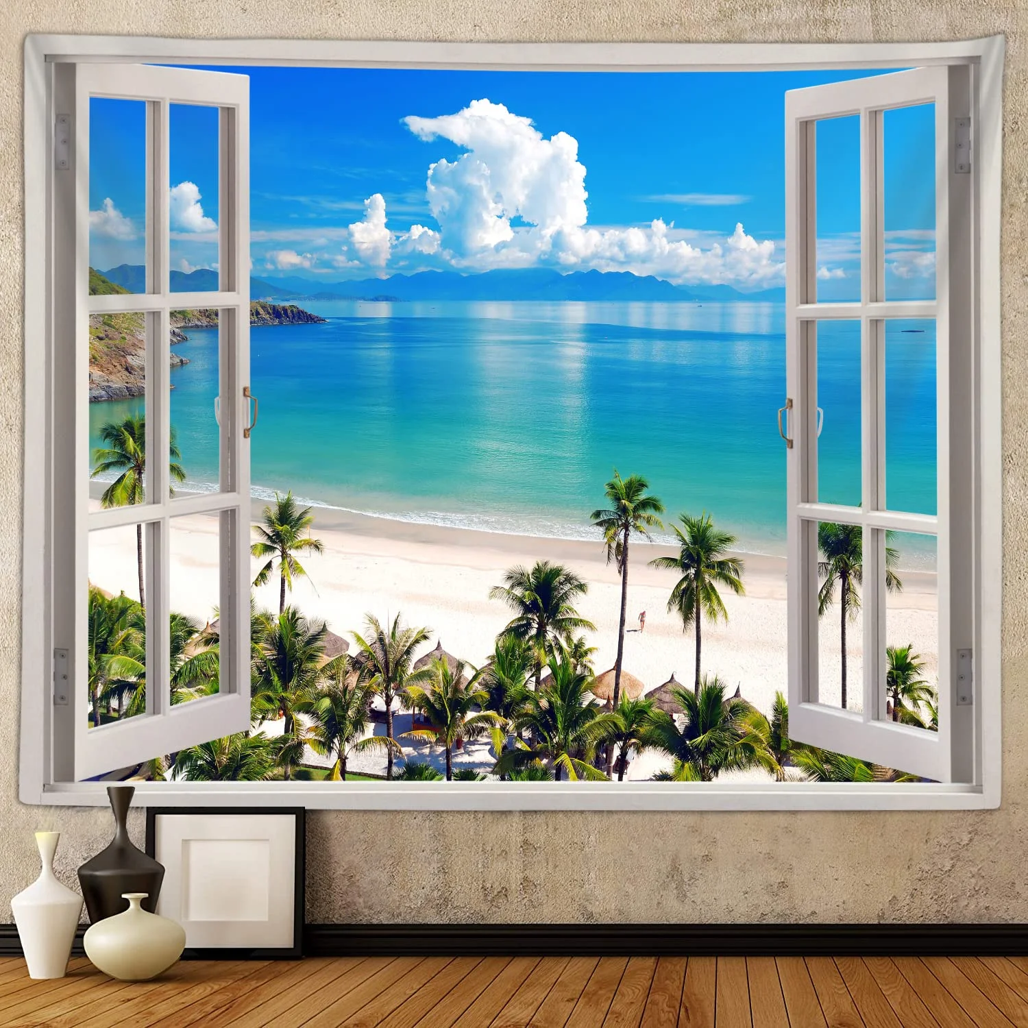 VIKAMA Fake Window Tropical Beach Tapestry Coconut Tree & Ocean View Wall Hanging for Living Room, Bedroom & Homestay Decor