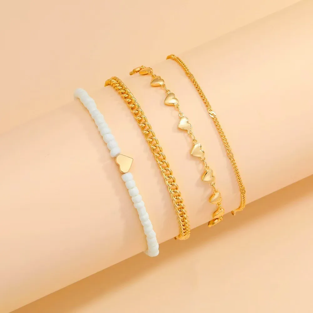 4pcs Set Bohemia Round Bead Double-layer Heart String Beads Fold Wear Anklets for Women Beach Retro Simple Jewelry Sets Gifts