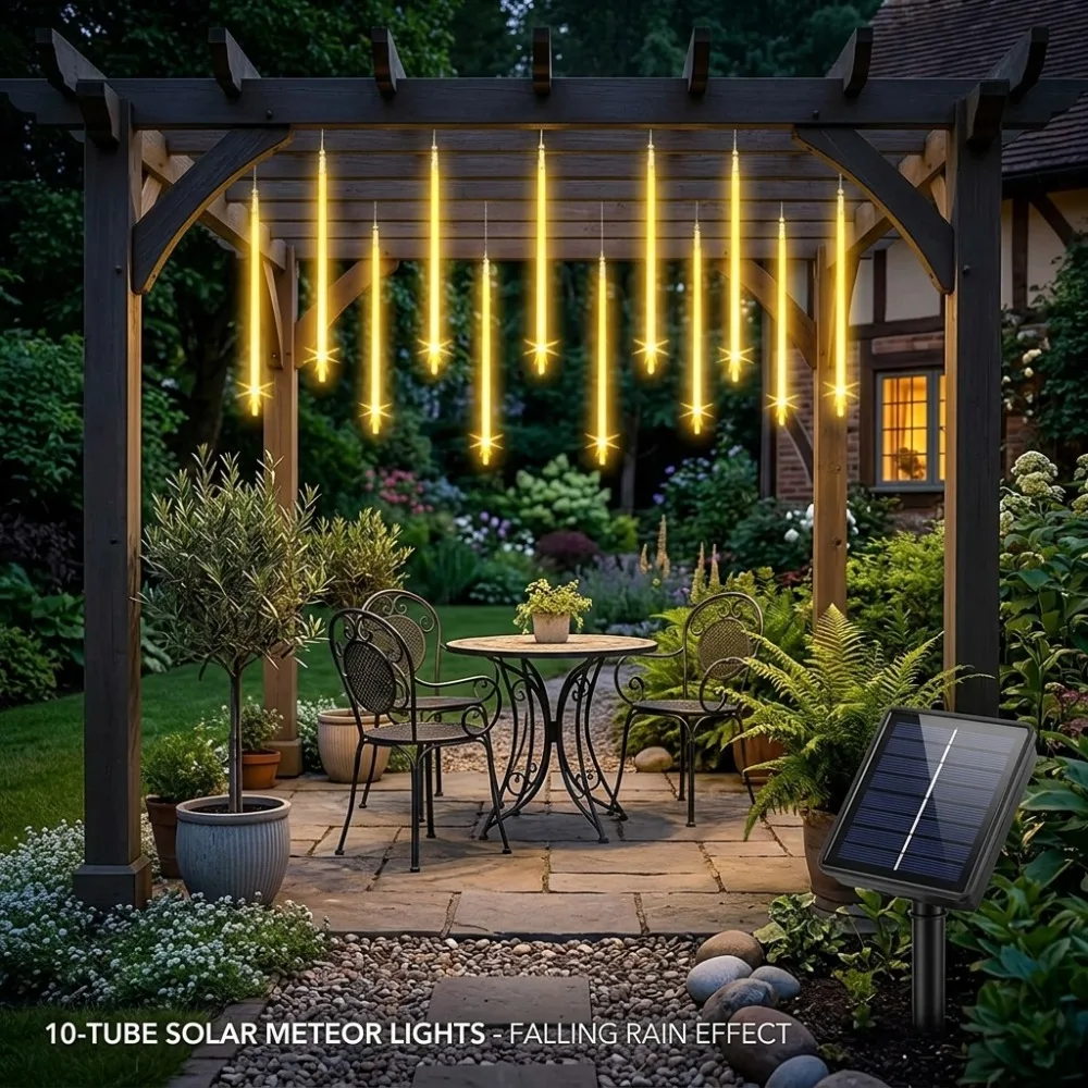 Solar Meteor Shower Lights Warm White 10 Tubes Waterproof for Christmas Halloween Outdoor Tree Garden Party Balcony Decor