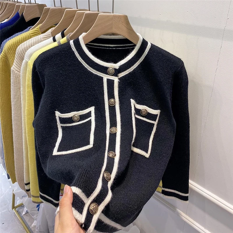 Imagem -06 - Coreano Elegante Chique Contraste Cor Manga Longa Botão de Bolso de Malha Cardigan para as Mulheres Primavera Outono Solto Feminino Suéter Cabolsas