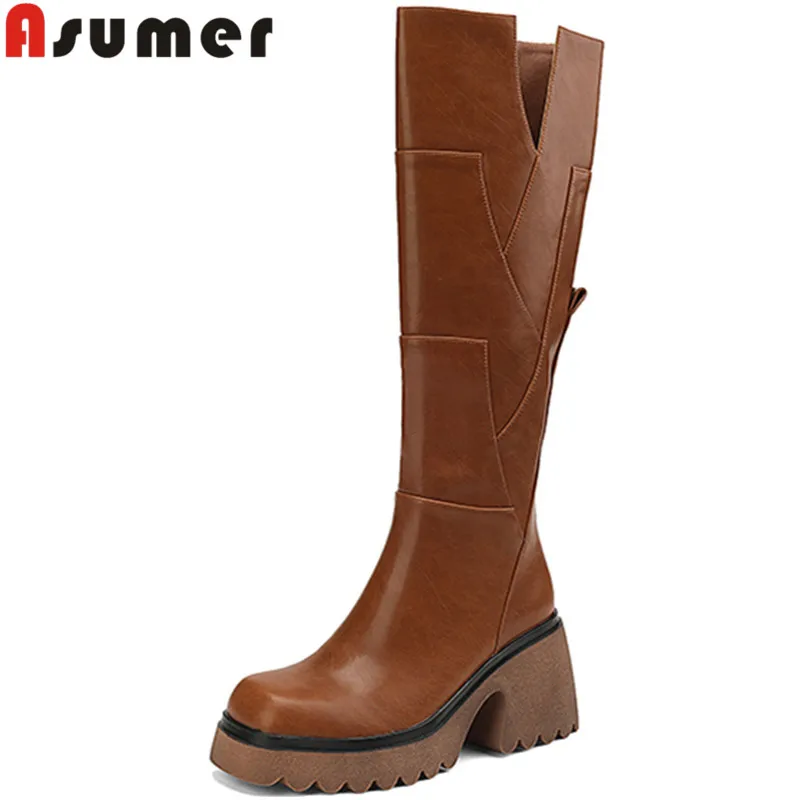 ASUMER 2024 New Solid Winter Ladies Knee High Boots Genuine Leather Platform Boots Woman Thick High Heels Shoes