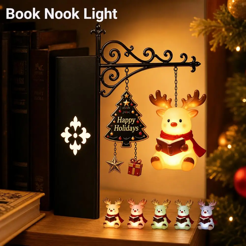 LED Light Christmas Glowing Elk Pendant Reading Book Snowman Hanging Sign Xmas Front Door Garden Indoor Outdoor Decoration