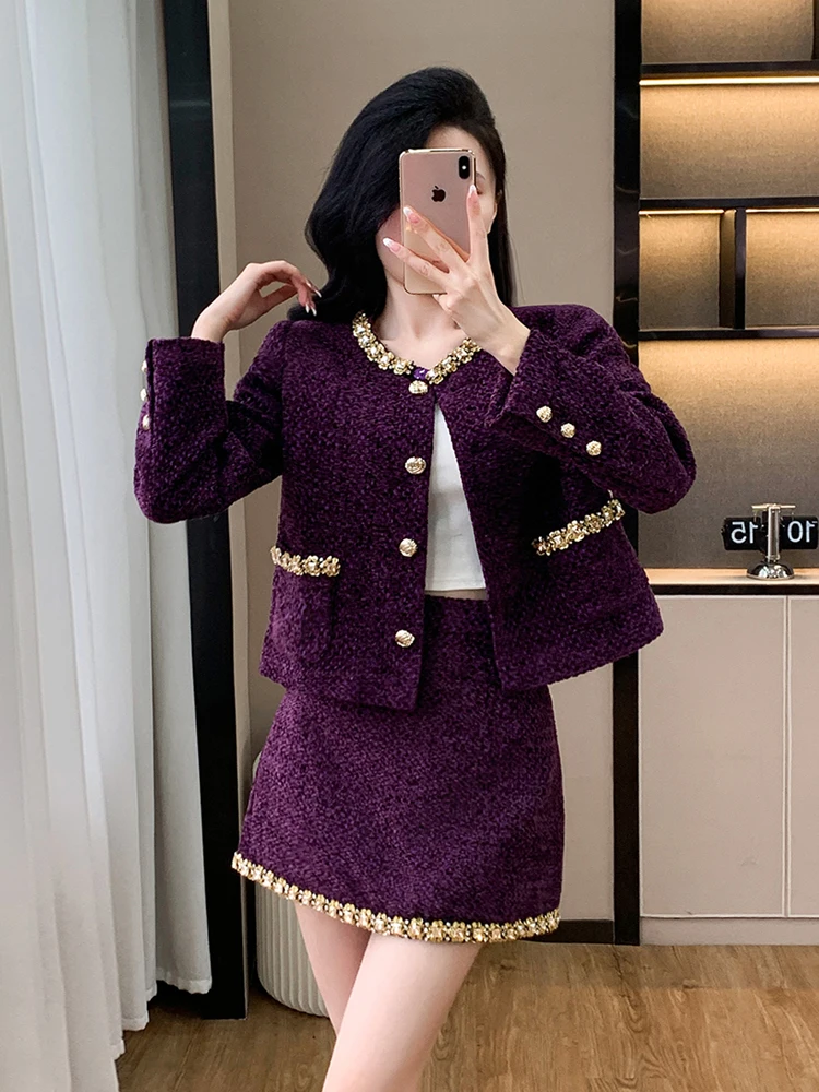 Luxury Brand Purple 2 Piece Set For Women Fall Winter Diamonds Jacket Coat+Mini Skirt Suits Elegant Fashion Womens Office Outfit