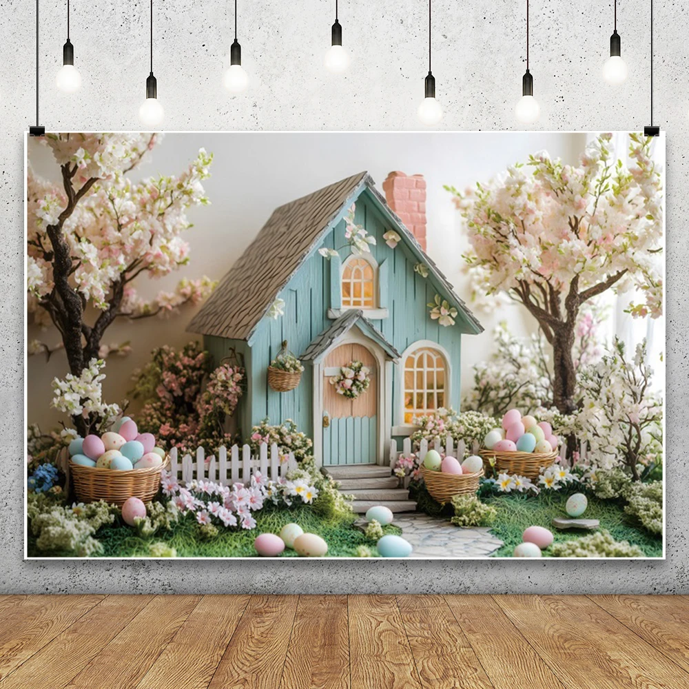 Easter Day Cartoon Cabin Background Spring Easter Rabbit Colorful Eggs Baby Shower Kids Birthday Party Photography Backdrops