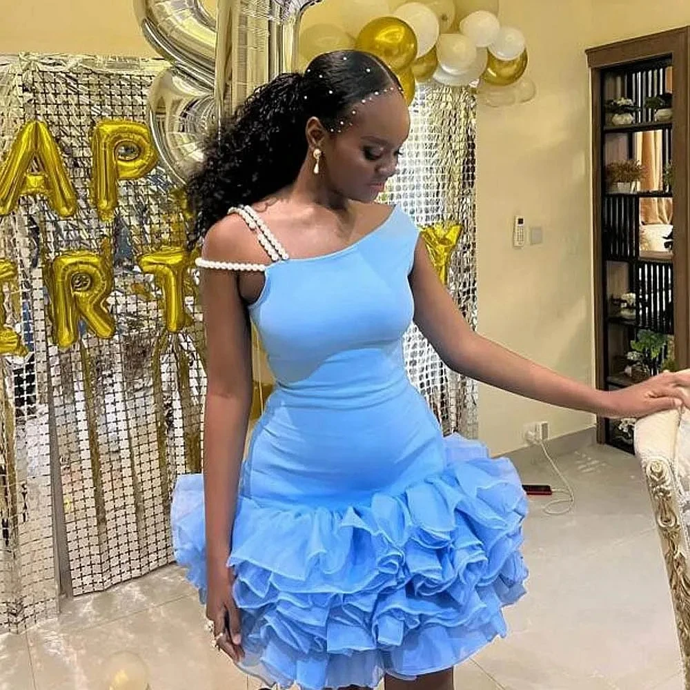 

Pretty Sky Blue Mini Cocktail Party Dresses With Beads Pearls Tiered Ruffles Sheath Black Girls Formal Evening Gowns