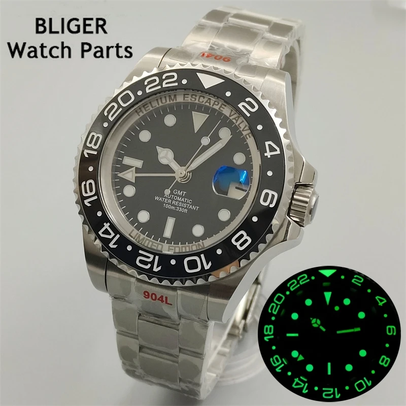 Imagem -04 - Bliger Black Dial Relógio Automático para Homens Jubilee Pulseira Luminous Cerâmica Bisel ar Revestimento Sapphire Vidro Nh34 Gmt 43 mm