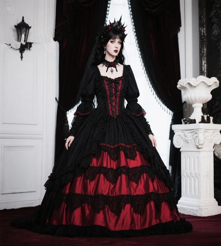 Gothic Black burgundy Wedding Dresses Fantasy Vampire Victorian Medieval corset halloween Bridal Dress Long Sleeve Customized