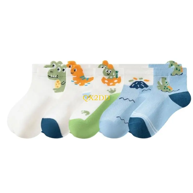 QX2D 5 Pairs Lightweight Cartoon Pattern Kid Socks With Ventilated Mesh Panels For School Sports And Outdoor Activity