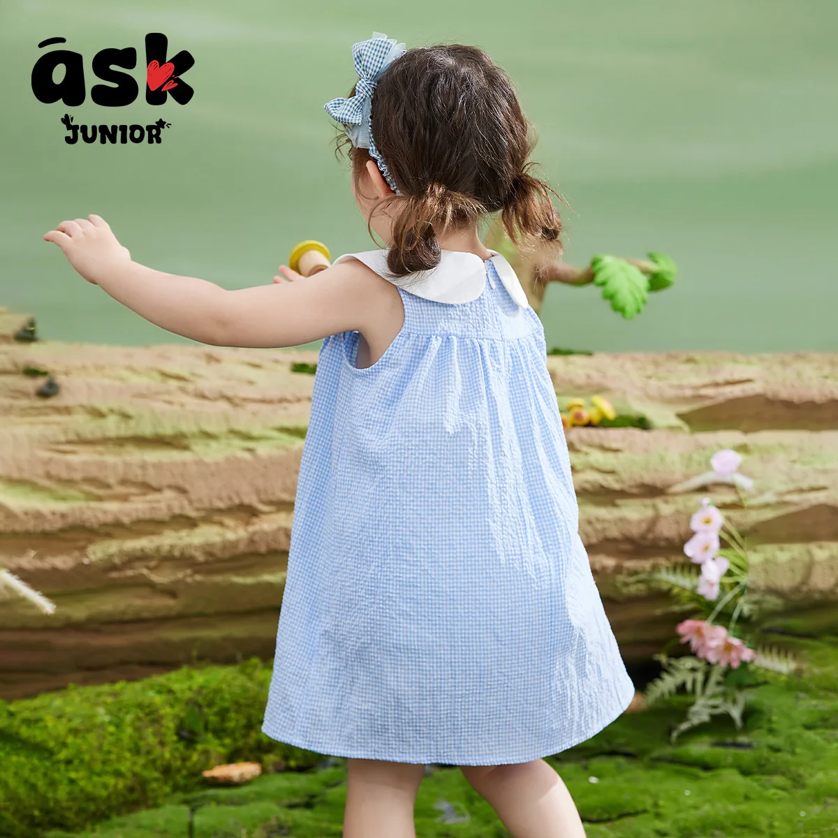 فستان ASK JUNIOR للفتيات الصيفي الرقيق للأطفال بياقة بتلة منقوش بدون أكمام