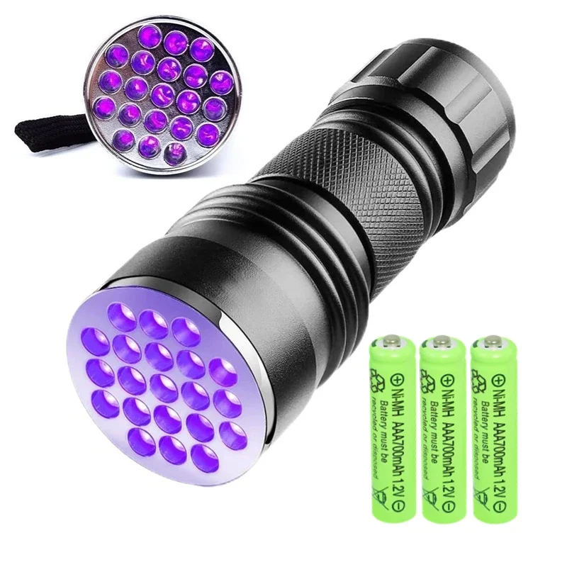 Senter UV LED 21/51/100 Lampu Hitam dengan Baterai AA/AAA Senter Ultraviolet Portabel untuk Deteksi Urin Hewan Peliharaan Inspeksi Hotel