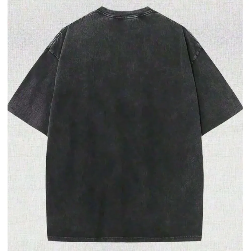 Vintage Acid Wash Powerfulness Gothic Metal Font Grafik-T-Shirt Oversized Streetwear Lässige Baumwoll-Tops für Herren und Damen – Detail 4