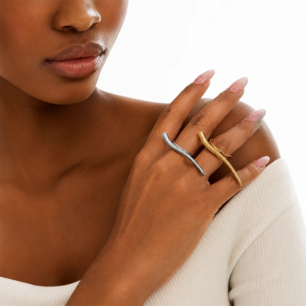 TD Minimalistischer Offener Ring aus Edelstahl, 18K PVD-Beschichtung, Wasserdichter Alltagsschmuck für Damen, Linien-Design – Detail 1