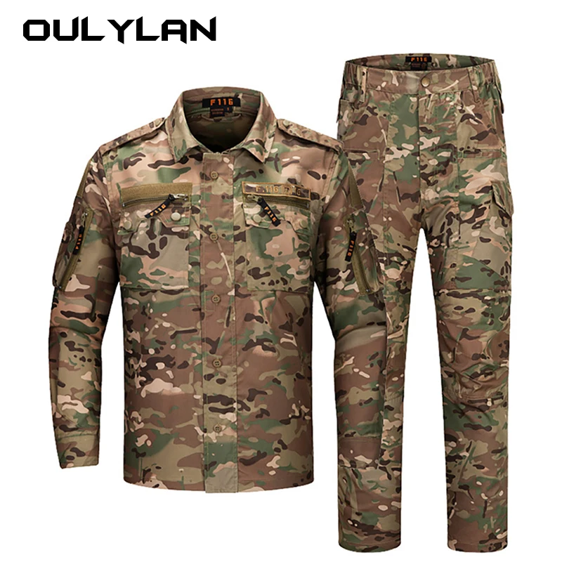 

Oulylan Camo Men Security Combat Uniform Tactical Combat Jacket Special Force Training Clothes Safari Suit Pants Wear-resistant