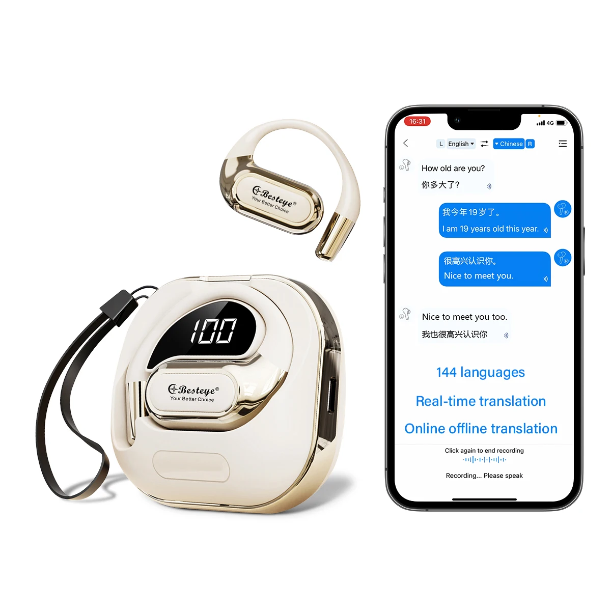 Smart Bluetooth AI Translator Earphone Instant Two-Way Voice 144 Languages Device for Business Travel Online Feature BT Included