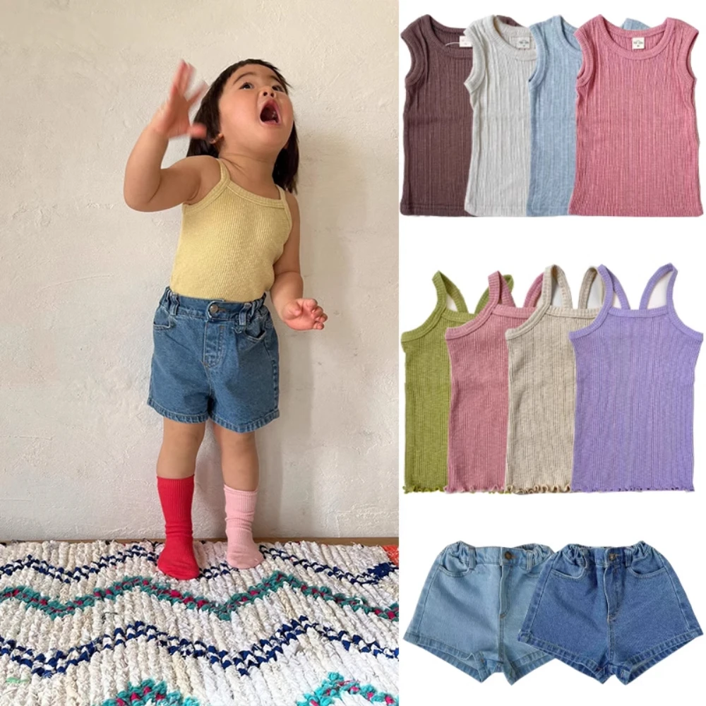 Girl Clothes Pippi Brand 2025 New Summer Traf Enfant Baby T-shirts Cotton Vest Jeans Candy Color Sweet Top Toddler Kids Clothing