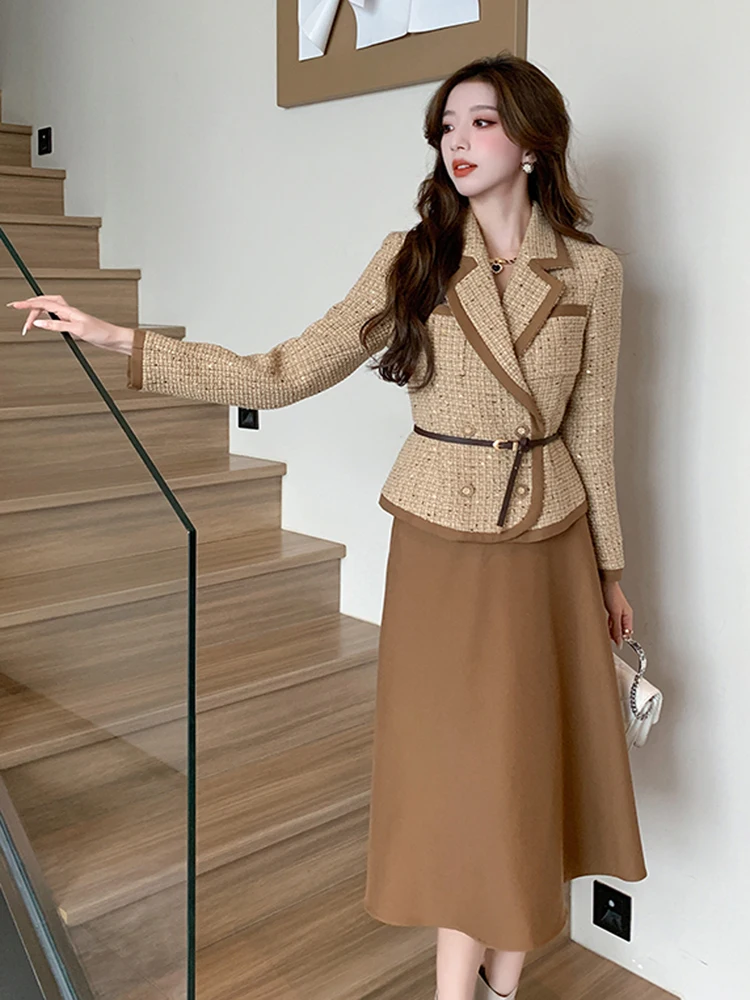 

Autumn Winter French Vintage Fragrance Tweed Two Piece Sets Office Ladies Elegant Notched Blazer Coats + A Line Midi Skirts Suit