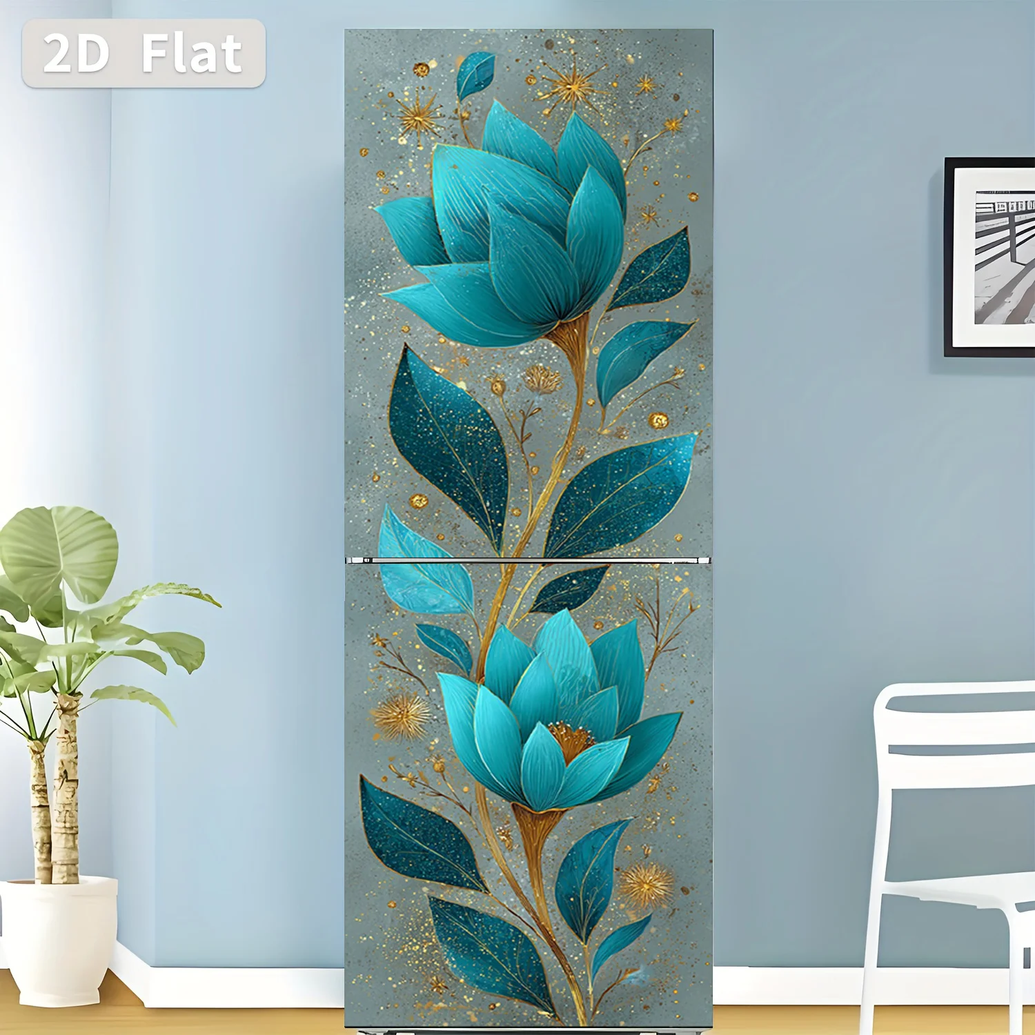 2D Flat Printing 1pc Refrigerator Sticker 60×180cm Blue Golden Floral Long Pattern Theme Design Wall Sticker Decorative Wallpa
