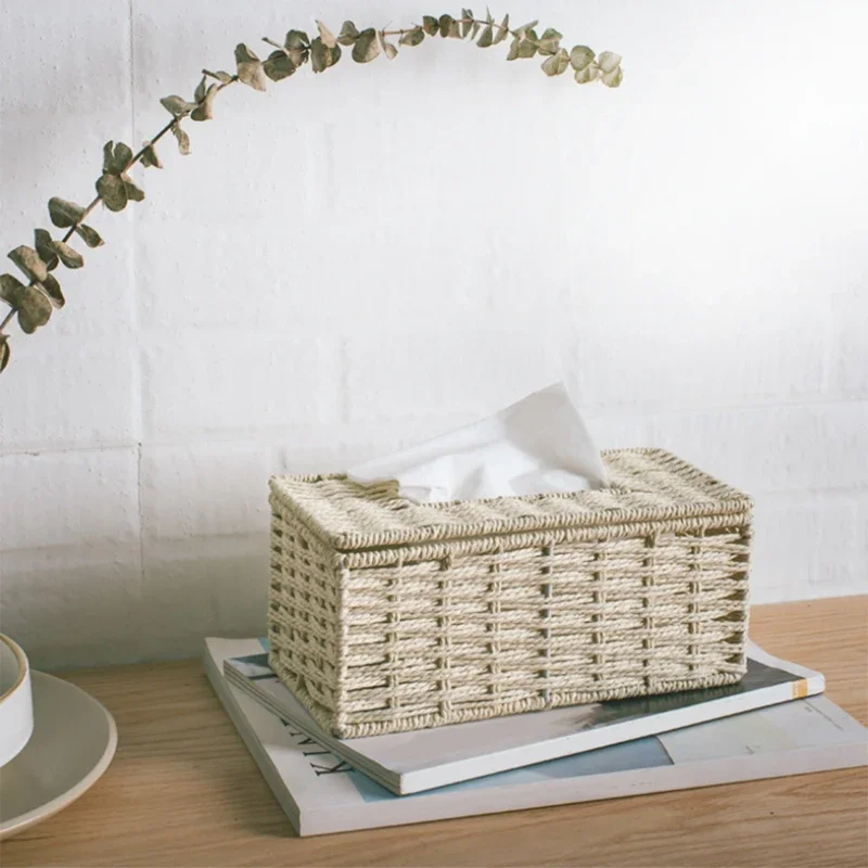 Rattan Tissue Box Vintage Napkin Holder Case Clutter Storage Container Cover Living Room Desk Decoration