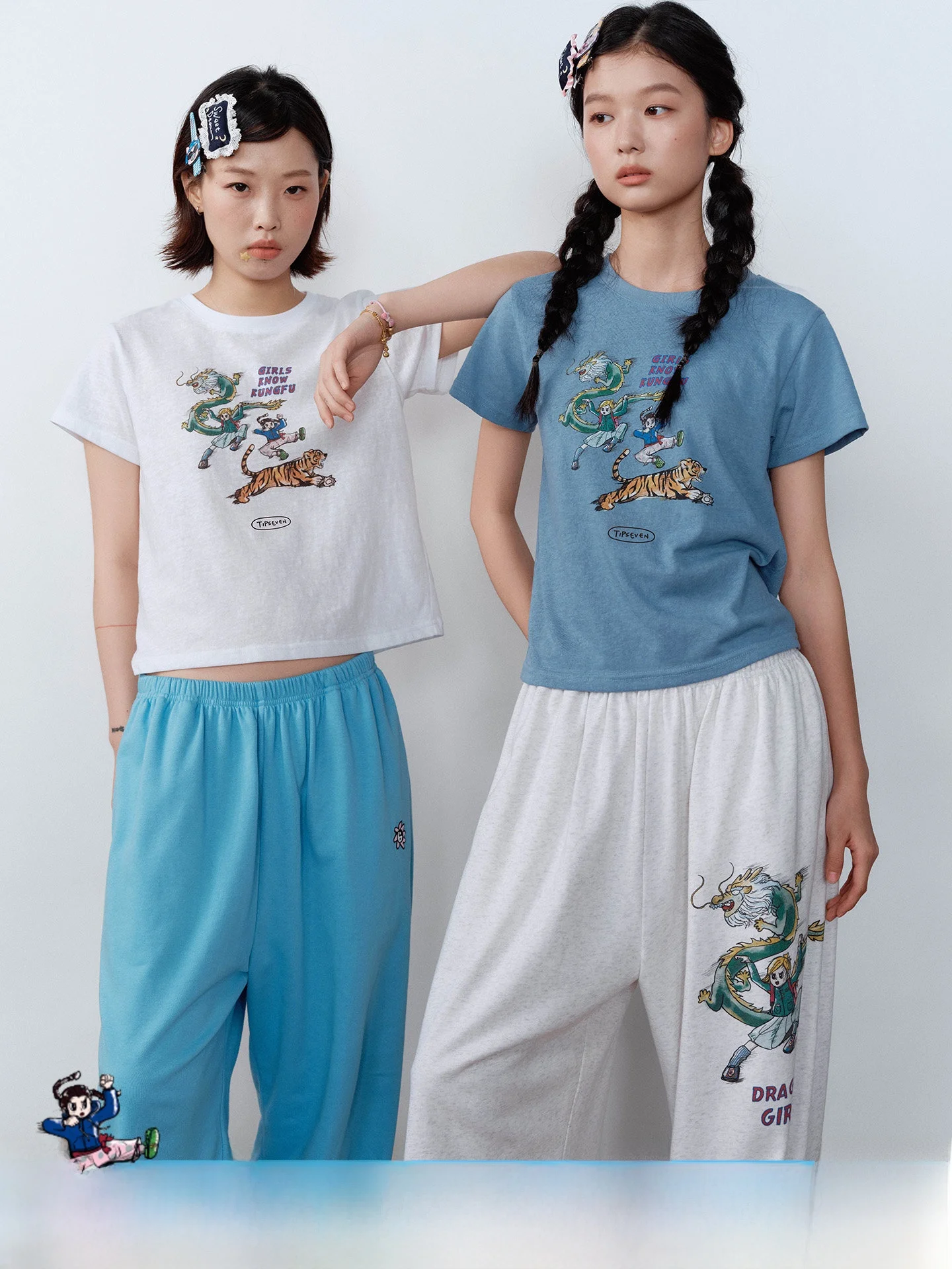 

TIPSEVEN Original Dragon And Tiger Girl Print Casual Loose Slim Fit Short Sleeve T-Shirt for Women Breathable Cotton Polyester