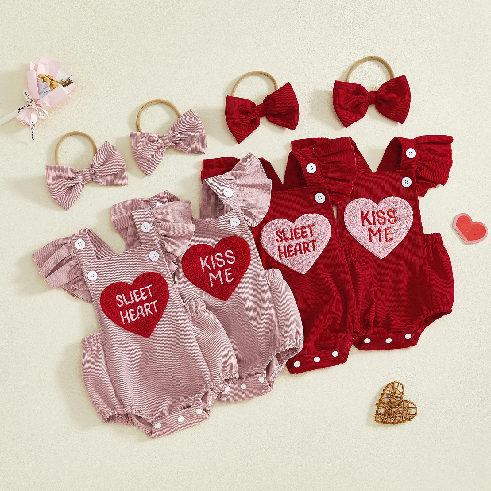Newborn Baby Girl Valentines Outfit Letter Love Heart Embroidered Ruffled Trim Flying Sleeve Romper and Bow Headband 2 Pcs Set