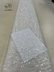 Tissu en dentelle à paillettes blanches pour robe de mariée nigwin, matériel africain et français, tulle de haute qualité, matériel de marié, patients, 5 mètres, 2023