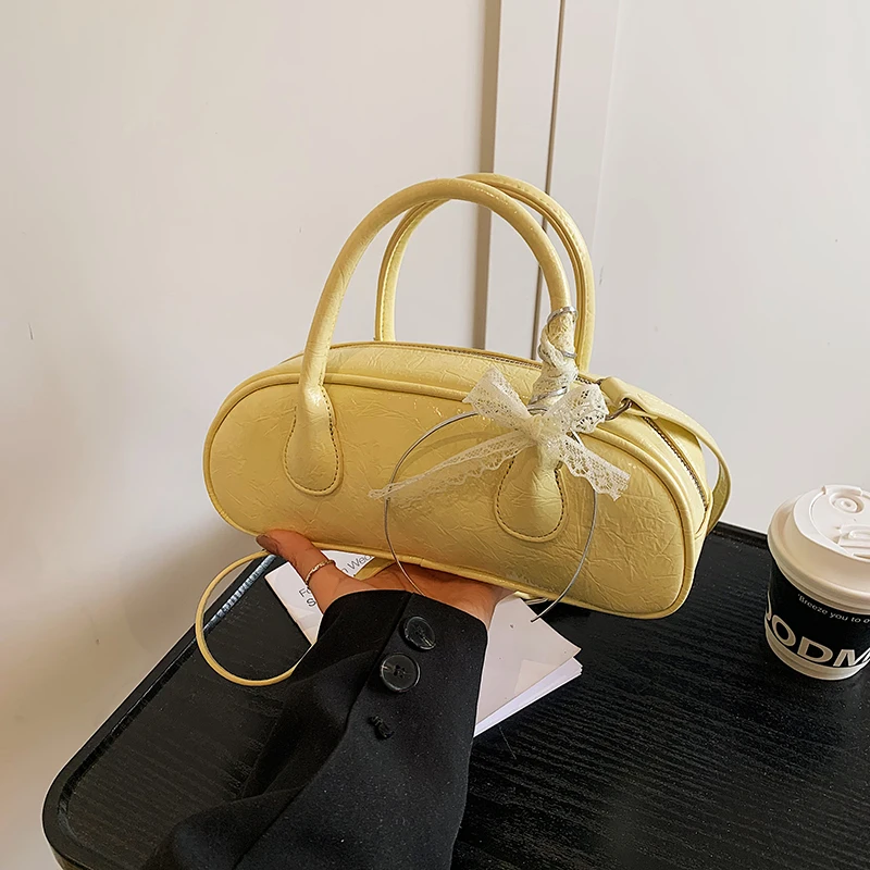 

Корейские сумки для боулинга для женщин, новая кружевная сумка на одно плечо на шнуровке, текстурированная универсальная сумка через плечо из искусственной кожи, маленькая вечерние сумка