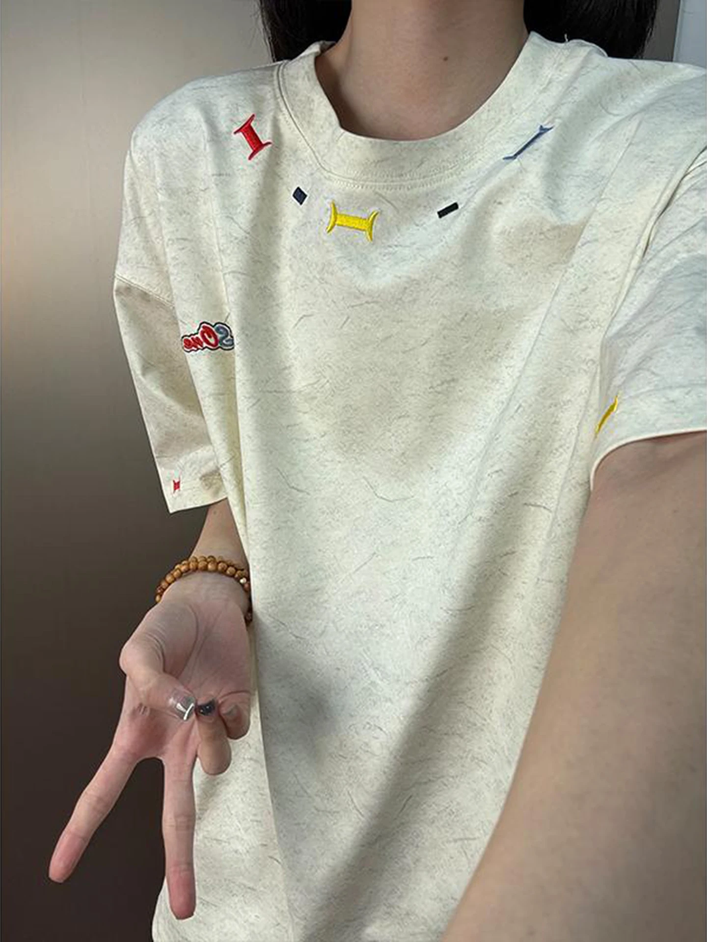 

Retro American Dyed Embroidered Cotton T-irt ex ort Sve Heavyweight f Sve for Couples Spring Summer Casual Wear