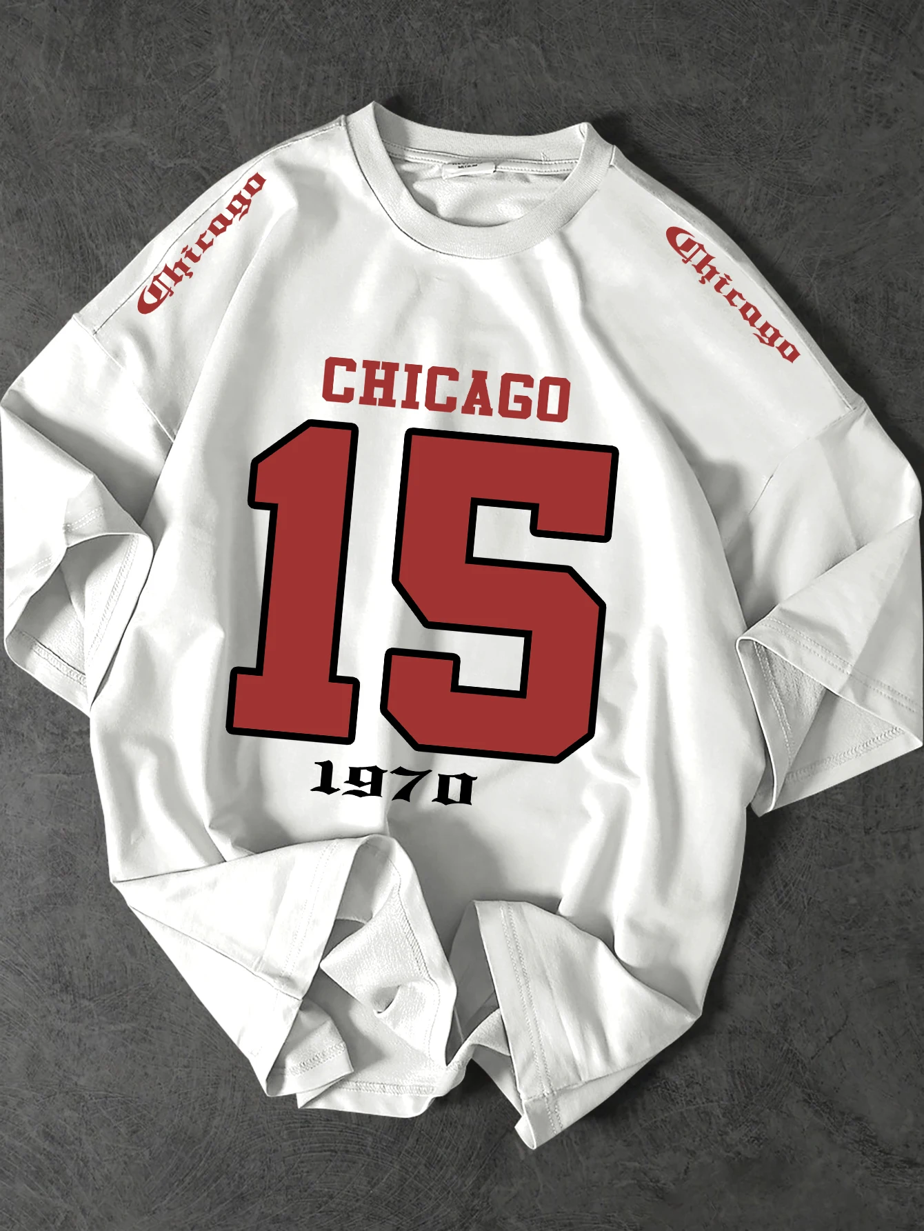 Camiseta Deportiva con Estampado Gráfico Chicago 15 para Hombre, Talla Grande, 100% Poliéster, Estilo Urbano, Manga Corta, Tallas S-XXL