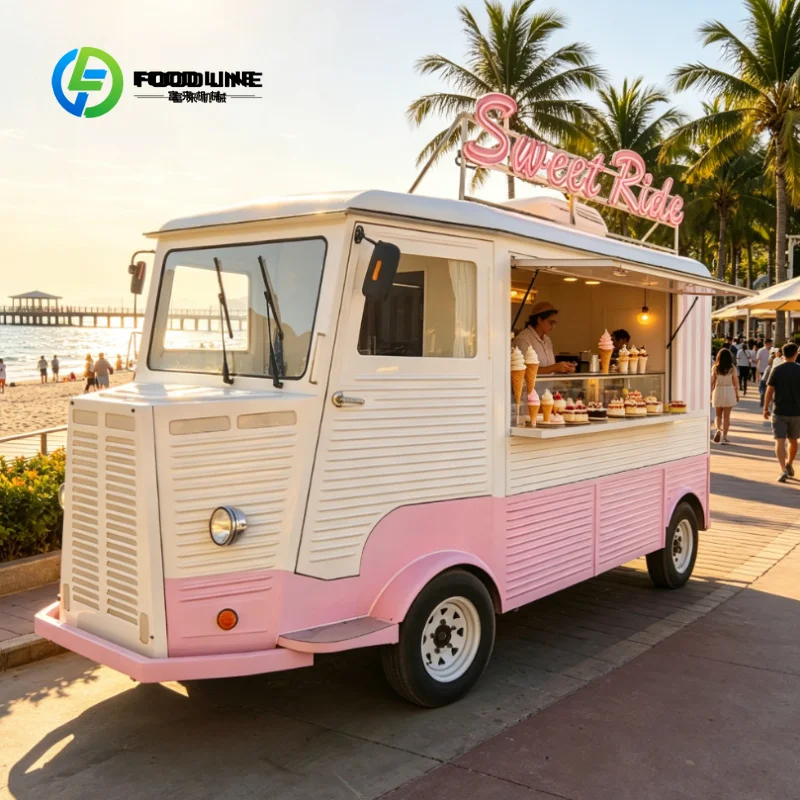 Customized Pink Drivable Food Truck with Full Kitchen Mobile Coffee Bubble Tea Bar Van for Wedding Carnival Fair