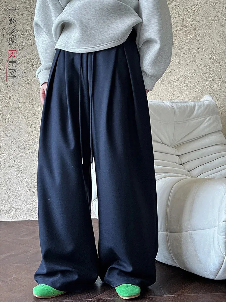 LANMREM Pleated Suit Casual Pants Women Loose Drawstring Floor Trousers Solid Color 2025 Spring Autumn New Office Lady 2DB1795