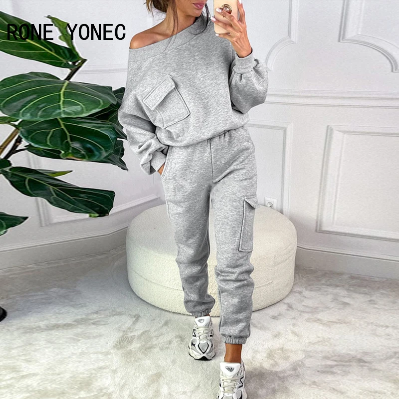 

Women Solid Round Neck Long Sleeves Multi Pockets Sweatshirt Two Pieces Pants Set
