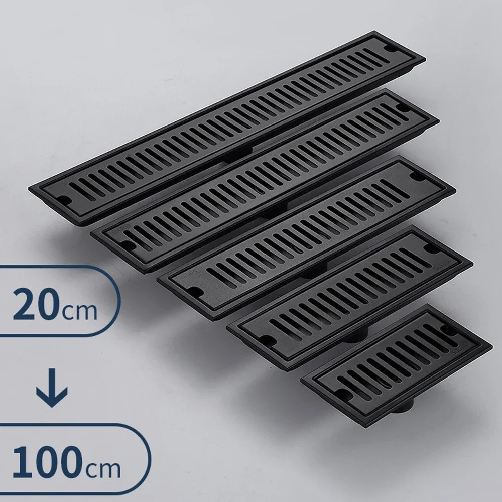 

20-100cm Black Side Outlet Shower Drain Stainless Steel Bathroom Floor Drainage Linear Waste Drain Cover Roof Kitchen Accessory