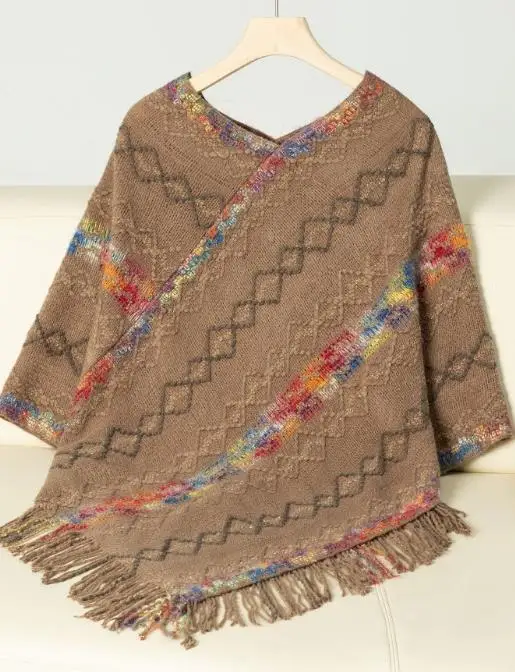 Women's Sweater 2025 Fashion Drizzle Autumn and Winter New Women's Clothing Colorful Striped Knitted Tassel Cloak Shawl Sweater