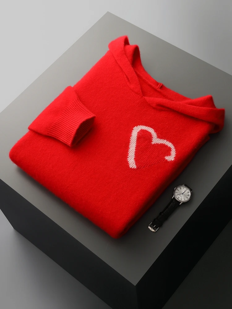 TLOML Men's 100% Merino Wool Knitwear Hooded Pullover Autumn Winter Soft Warm Cashmere Sweater Jacquard Casual Loose Style Tops