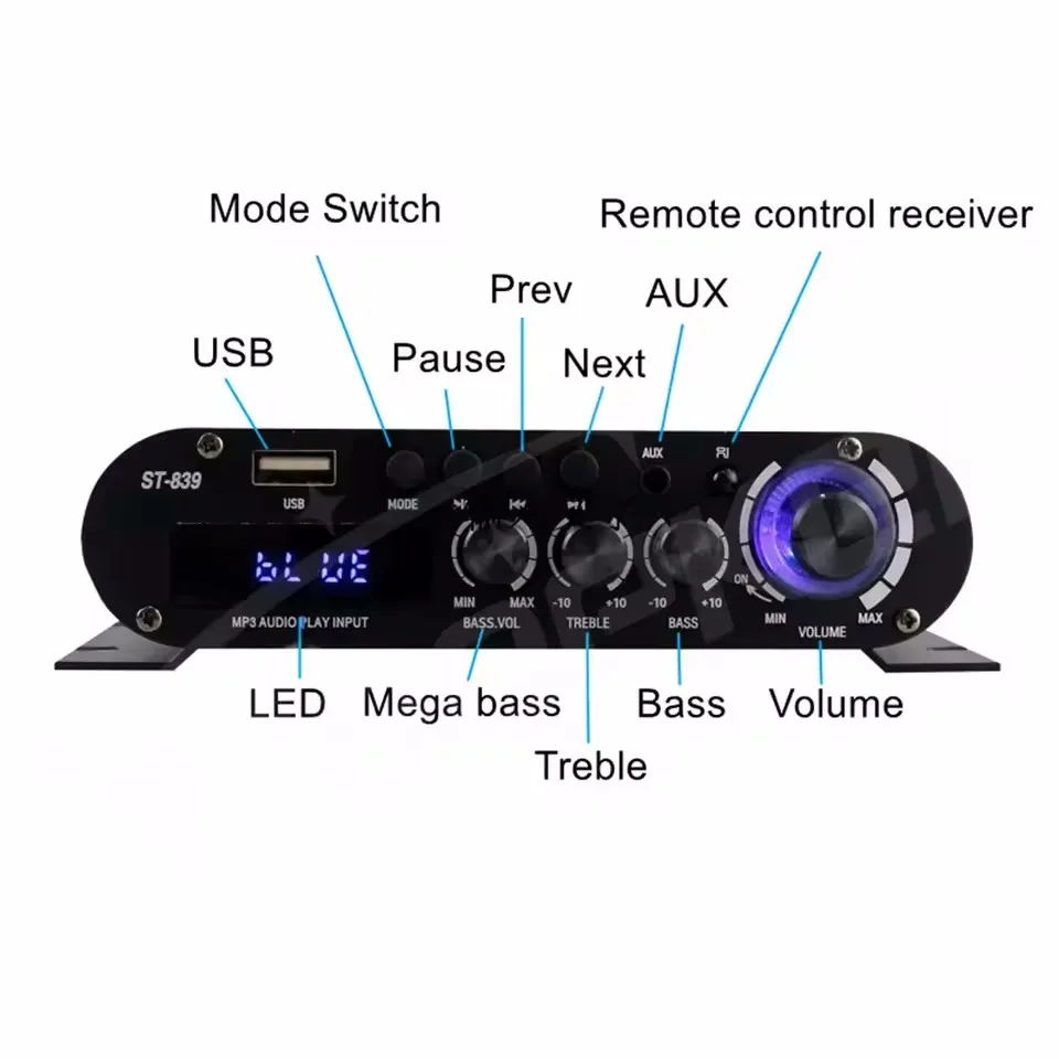 Woopker Audio Amplifier ST-839 25W*2 + 40W 2.1 Channel BT 5.0 Stereo Power Amplifier Portable Sound Amplifier Car Home Theater