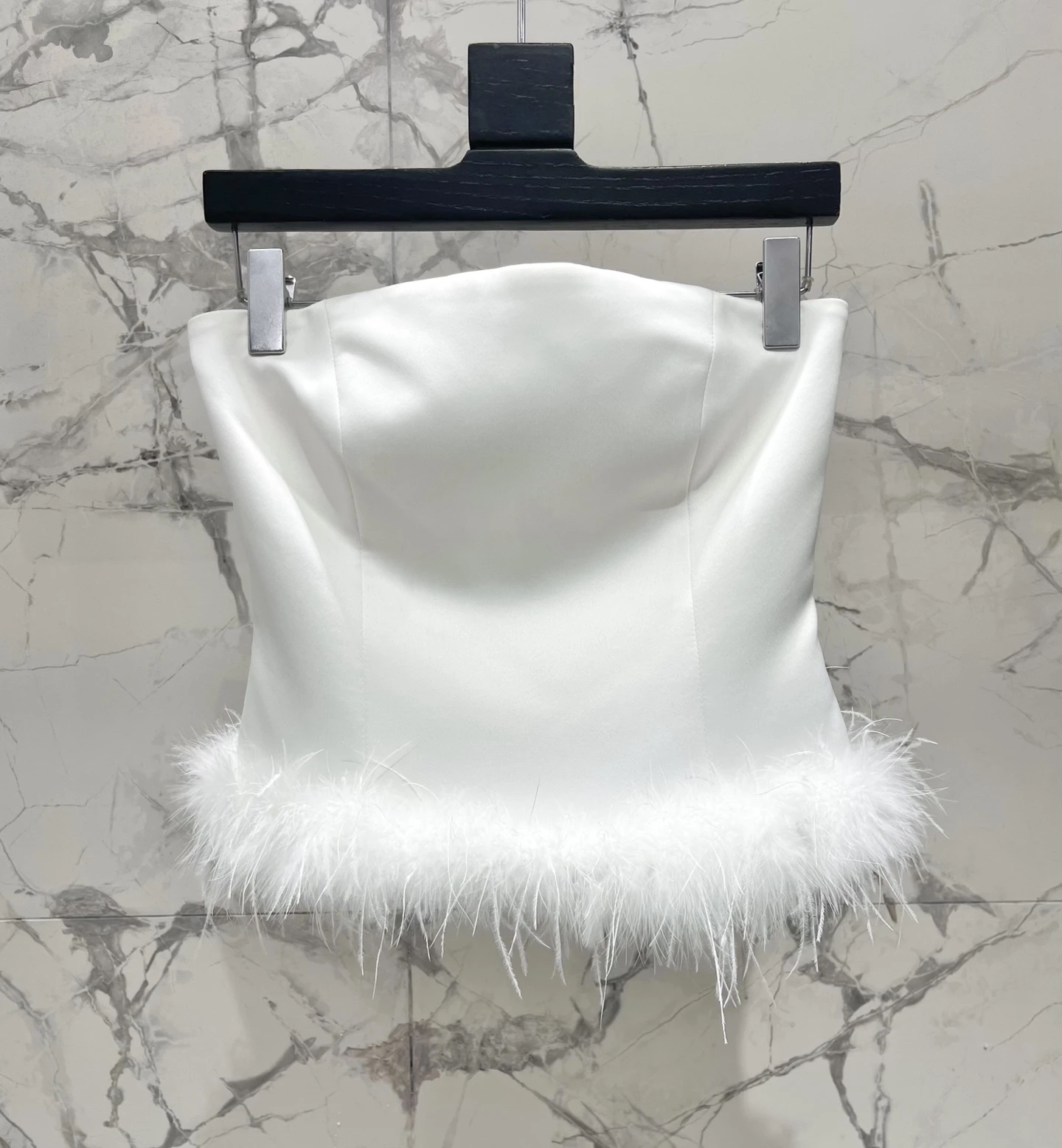 Slimming Ostrich Feather Splicing Acetate Tube Top Shirt Fashionable Versatile Simple Daily Commute Short Style Pure Color