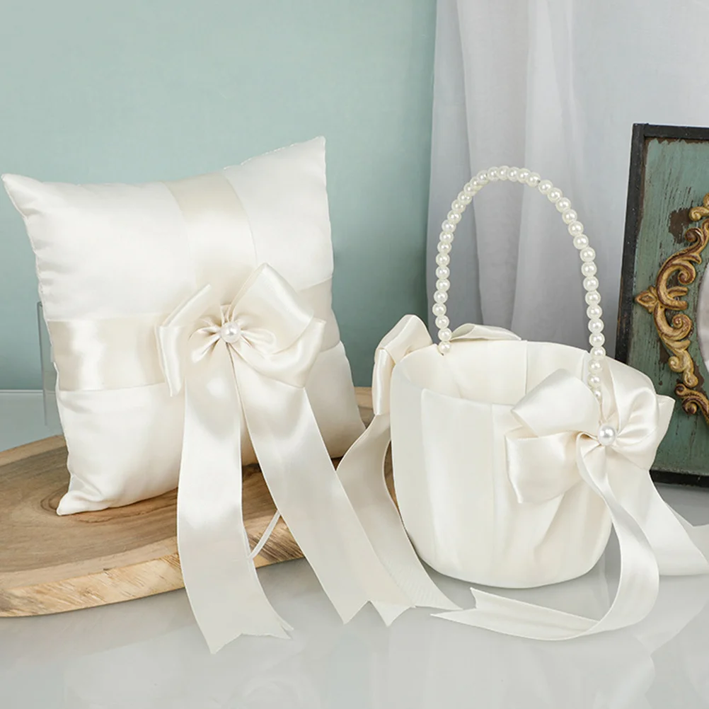 

1 Set Flower Basket For Weddings Ring Pillow Pearl Inlaid Lace Design Wedding Supplies Artificial Flowers Cloth Material