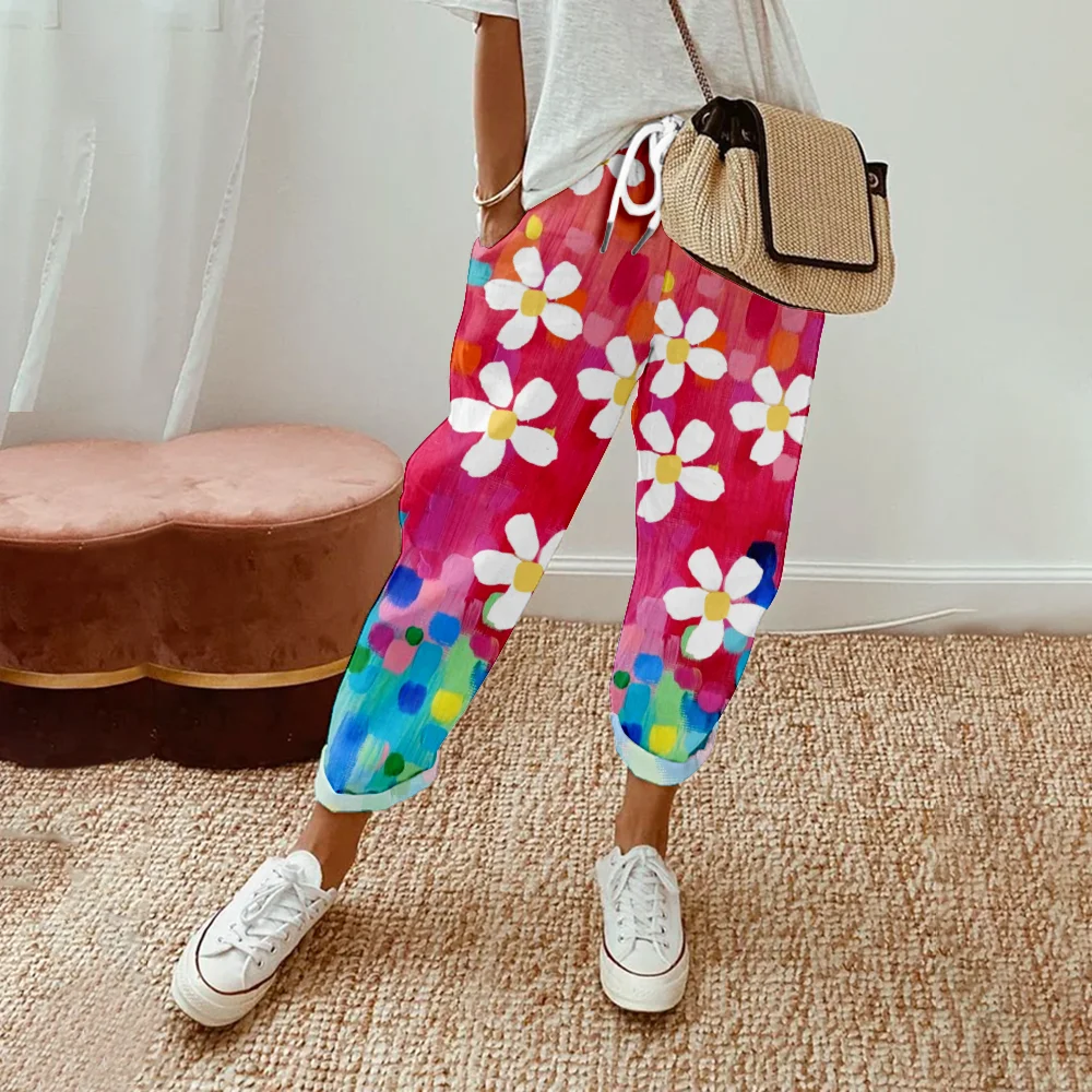 Pantalones florales de primavera y verano para mujer, pantalón informal de cintura alta con cordón, ropa de calle Harajuku Y2K, pantalones de gran tamaño