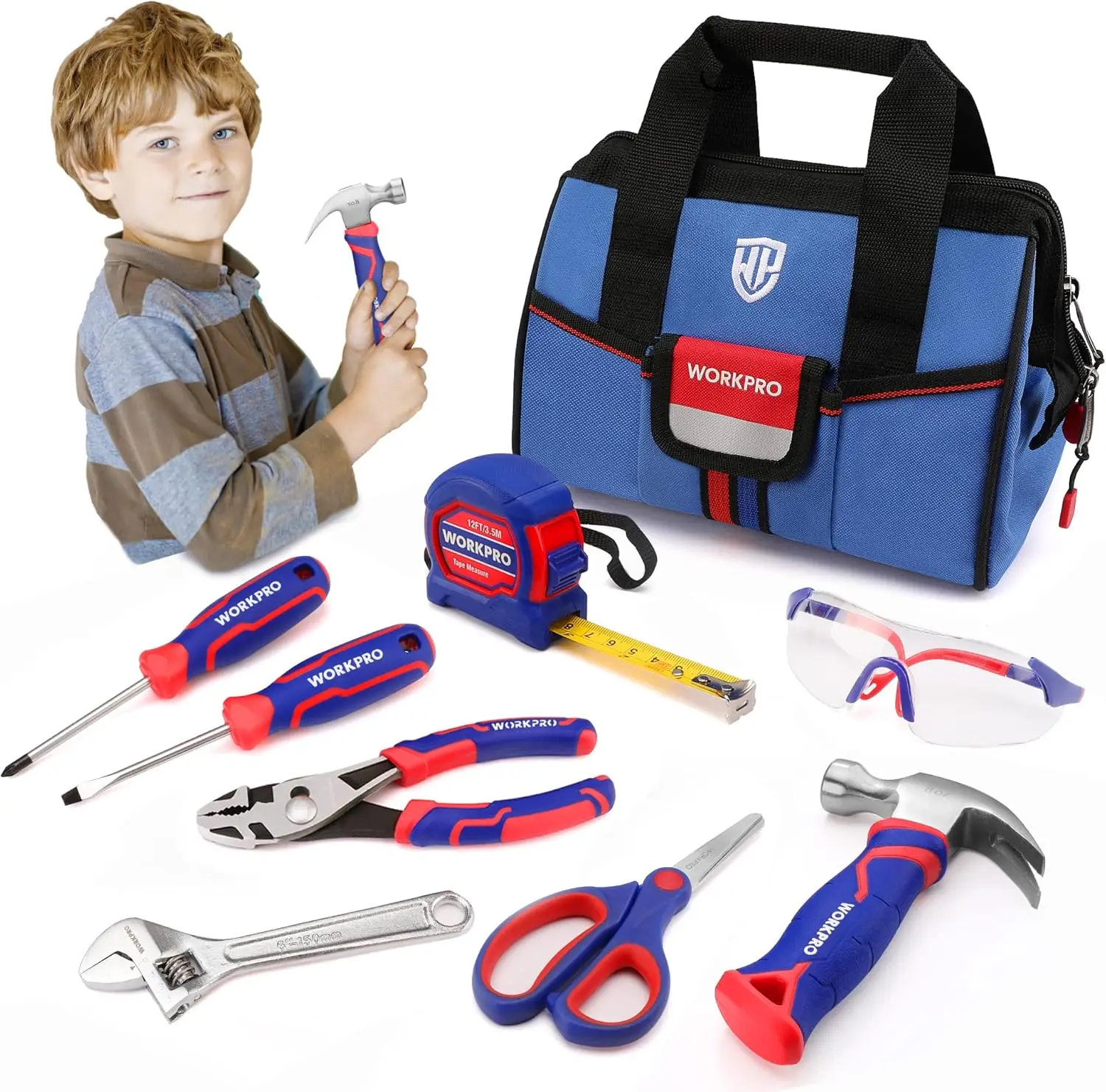 

9-Piece Kids Hand Tool Set, Blue Storage Bag, DIY Woodworking Kit for Boys & Girls Ages 8+